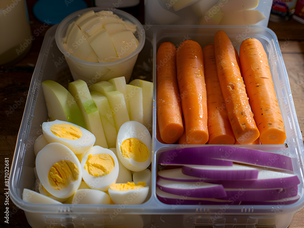 Poster two containers of fruit and vegetables, one with apples and carrots and the other with apples and eg