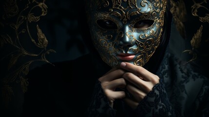 Masked Venetian woman with black cloak