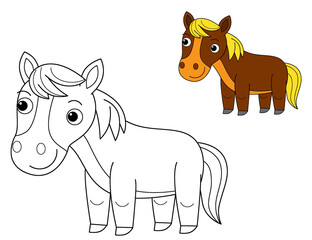 cartoon scene with farm ranch animal stallion pony horse coloring page drawing sketch isolated background with colorful preview illustration for the children