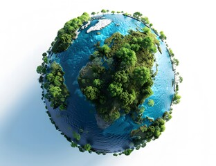 Isometric view of planet earth with blue water and green forest, World Environment Day