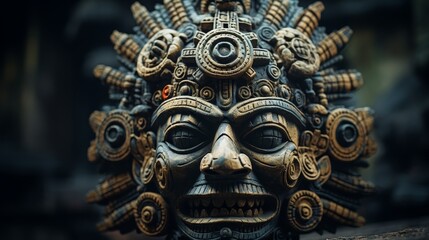Fototapeta premium The photo depicts a Mayan mask. The mask is made of stone and has intricate carvings. The mask is believed to be from the 7th century A.D.