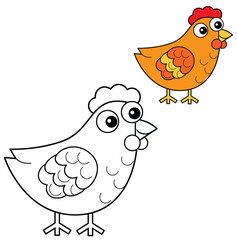 Cartoon happy farm animal cheerful hen chicken bird running isolated background with sketch drawing with colorful preview illustration for children