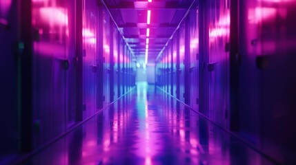 Mysterious corridor bathed in purple and blue lights, close up on ambient glow, theme of secrecy, surreal, Double exposure, secret research facility backdrop