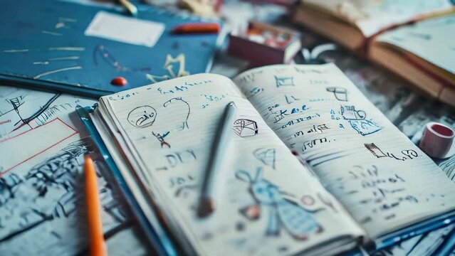 Open notebook with handwritten notes and doodles on desk surrounded by stationery items - Powered by Adobe