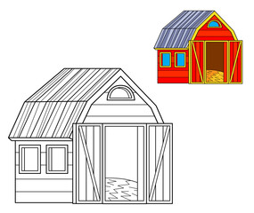 cartoon scene with farm ranch barn coloring page drawing isolated background with colorful preview illustration for children