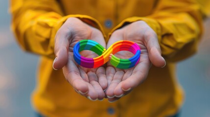Colorful autism infinity rainbow symbol sign in outstretched woman hands. World autism awareness day, autism rights movement, neurodiversity, autistic acceptance movement