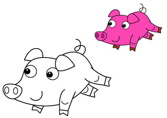 sketch cartoon scene with happy farm ranch pig animal domestic smiling with colorful preview illustration for children