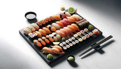 a sushi platter, featuring a variety of sushi on a modern black rectangular plate with vivid colors and fresh accompaniments.