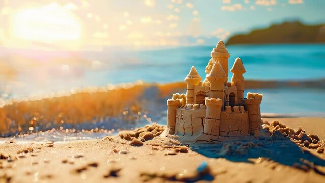 Detailed sandcastle on sunny beach with ocean in background