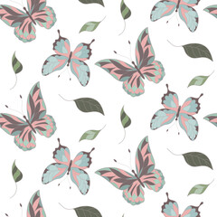 Floral pattern with leaves and butterflies , seamless background with flowers and butterflies.