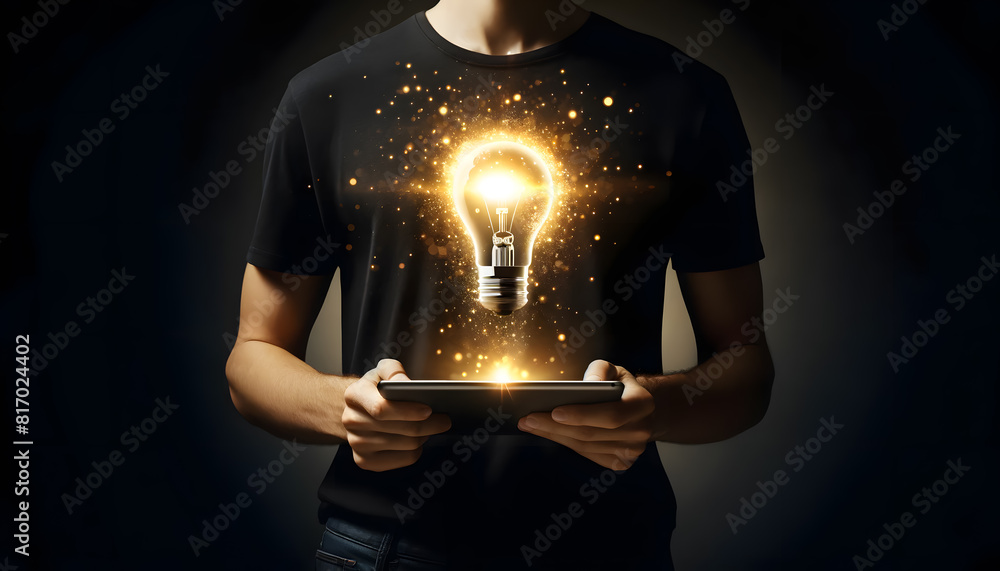 Poster a person with a tablet and a digitally interactive light bulb surrounded by golden particles.