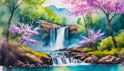 Watercolor painting of natural scenery with waterfall in forest. Blooming trees. Beautiful landscape