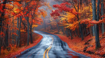 Captivating Autumn Landscape with Vibrant Foliage Lining a Winding Country Road