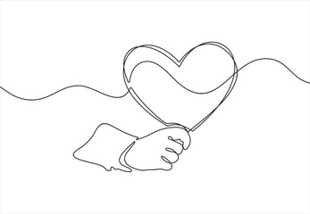 hand holding a heart.Continuous line drawing 