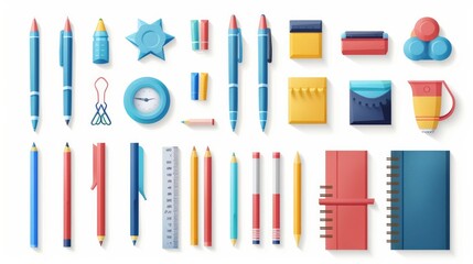 photograph of Pens, colored pencils, erasers, rulers, notebooks, 3d vector cartoon icon set