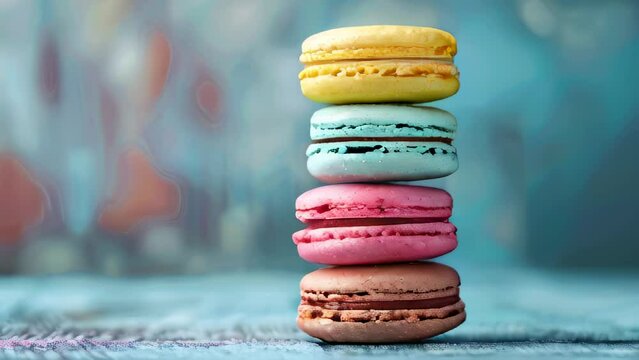 Colorful stack of macarons on textured surface with blurred background