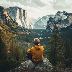 Naklejka premium A motivational speaker influencer posting inspirational quotes against breathtaking nature backdrops, blending wisdom with beauty