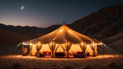 Ramadan tent at night in the desert, Generative AI