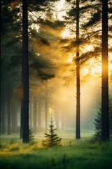 Obraz premium Morning forest with trees appearing blurry