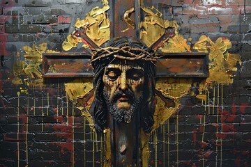 Modern artistic depiction of jesus on the cross with abstract background