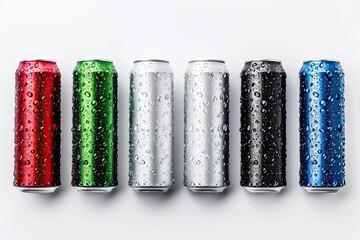 Aluminum slim cans in silver, white, black, blue, red, green. canned with water drops. isolated on white background