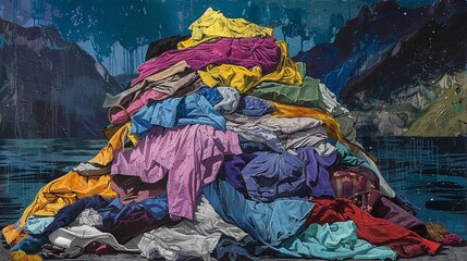 A painting of a large pile of colorful clothes in the middle of a lake, with mountains in the background.