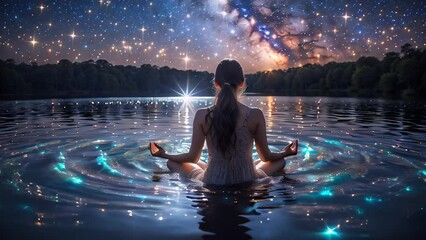 Woman meditating on the background of the night landscape