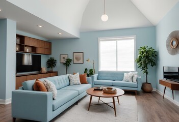 Fototapeta premium Vintage Vibes Mid-Century Modern Living Room with a Cozy Sofa, Wooden Coffee Table, and Artistic Poster