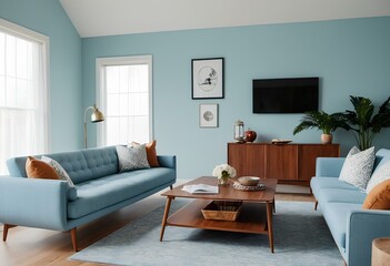 Fototapeta premium Timeless Elegance Powder Blue Sofa, Chic Chair, and Striking Poster in a Double-Height Bedroom