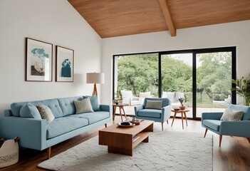 Fototapeta premium Elegant Interiors A Double-Height Ceiling, Comfy Sofa, Wooden Coffee Table, and Retro Poster