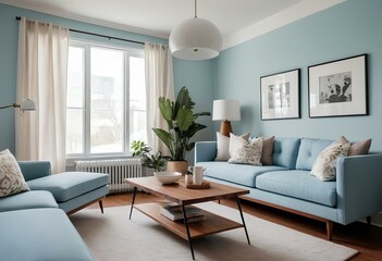 Retro Charm A Double-Height Bedroom with a Powder Blue Sofa, Stylish Chair, and Vintage Poster