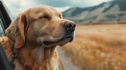 Fototapeta premium Cheerful Golden Retriever Enjoying the Ride with Head Out the Window During a Scenic Mountain Road Trip