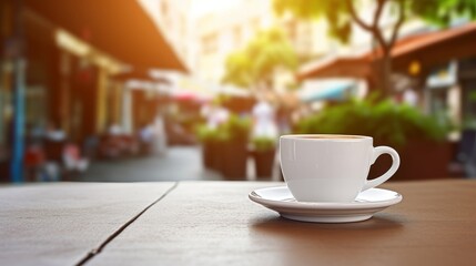 Fototapeta premium Morning coffee. White cup of coffee on table in outdoors 