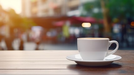 Fototapeta premium Morning coffee. White cup of coffee on table in outdoors 