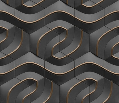 Geometric seamless 3D pattern in black with gold elements. Sign series. 3d illustration.
