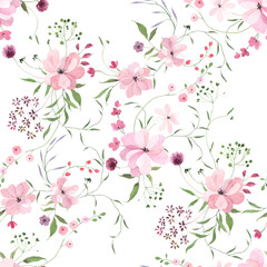 Watercolor seamless pattern with abstract pink flowers and green leaves. Floral delicate print with design elements for wallpapers, textile or background, hand drawn isolated illustration.