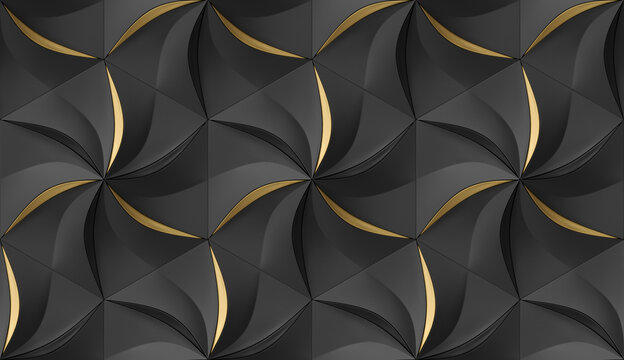 Geometric gray hexagons with golden accents in floral design