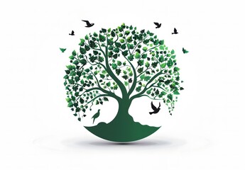 Obraz premium logo of the Earth as a tree with leaves and birds flying, World Environment Day