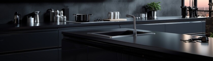 Modern stylish kitchen interior design details. Monochrome black kitchen.