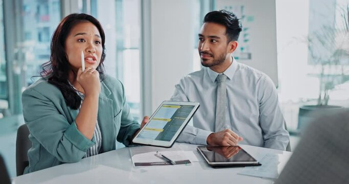 Business people, resume and job interview for project onboarding, portfolio and talking of career experience. Worker, partner and teamwork on digital tablet or screen for CV review in human resources