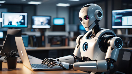 Robot at the computer. Office worker ai robot., Generative AI