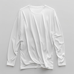 Fototapeta premium A white longsleeved Tshirt with round neck, loose fit and no wrinkles on gray background. The shirt is made of fine cotton material for comfort and breathability in summer wear.