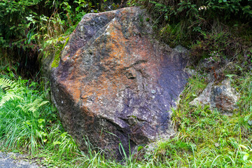 Scenic landscape at hiking trail with rock covered with lichen at Swiss mountain pass Grimsel on a...
