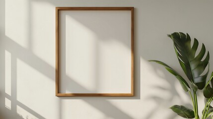 Minimalist Interior Mockup Featuring Empty Wooden Frame and Green Plant Decor