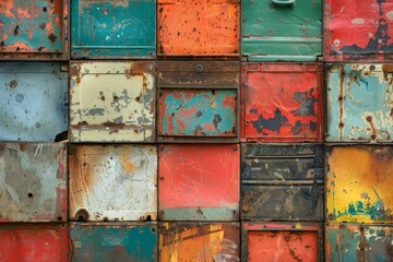 A row of old metal boxes with rusted hinges