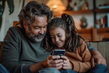 Fototapeta premium a happy 10-year-old girl showing something on the phone to her father on the couch at home. 