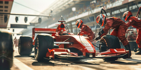 a red formula one car in the pit lane with its crew members around it