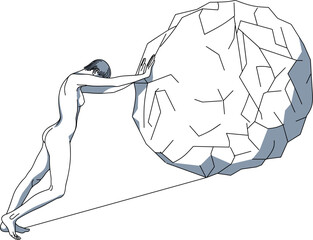 a strong woman rolls a large angular stone up an inclined plane