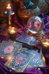 Fototapeta premium mystical and atmospheric scene with tarot cards, a crystal ball and candles on a richly decorated purple cloth. 