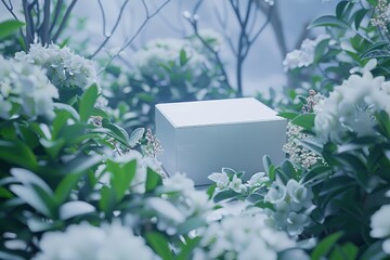 A box is sitting in a field of flowers